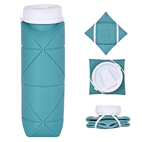 SPECIAL MADE Collapsible Water Bottle Leakproof Valve BPA Free Silicone Foldable Water Bottle for Gym Camping Sports Lightweight Travel Bottle Durable 20oz(Dark Green 2nd version)