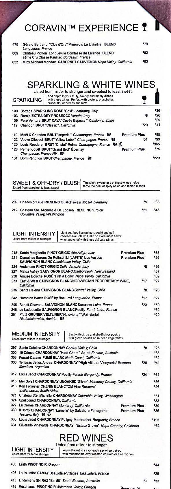 Ncl Drink Prices &Amp; Bar Menus 4 Mondavi Wine Bar NCL