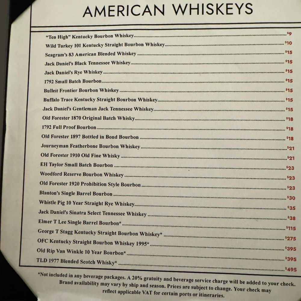 Norwegian Cruise Line Whiskey Menu