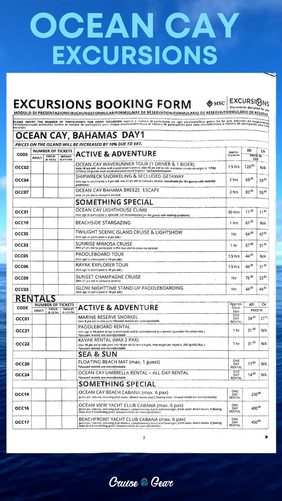 MSC Ocean Cay Excursion Prices