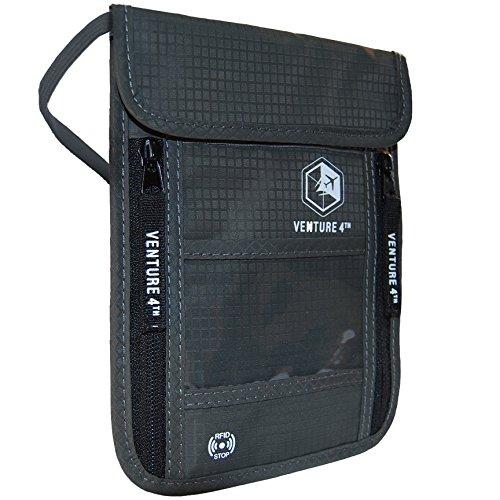 VENTURE 4TH Travel Neck Pouch with RFID Blocking - Travel Wallet Passport Holder (Grey)